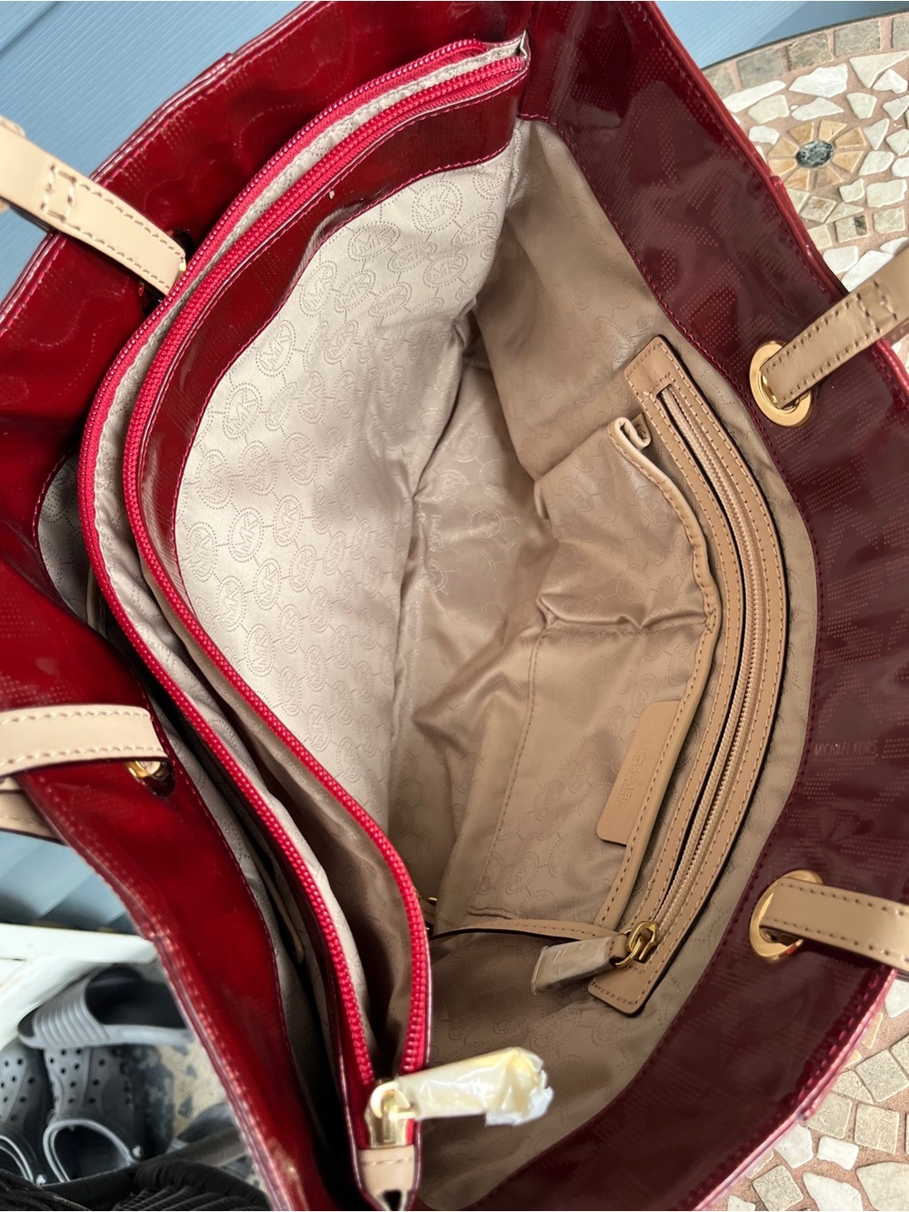 Michael Kors Red Patent Tote with Cream Handles and Gold MK Charm - Picture 3 of 7